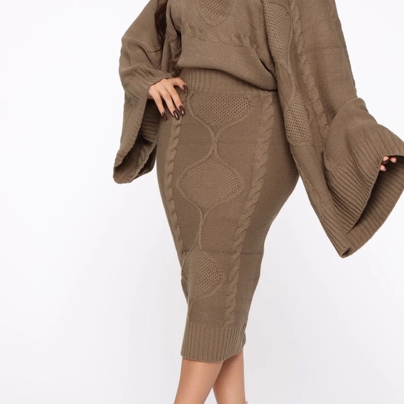 Olive green Knit Sweater top Dolman cropand midi Skirt Set small - Picture 3 of 9